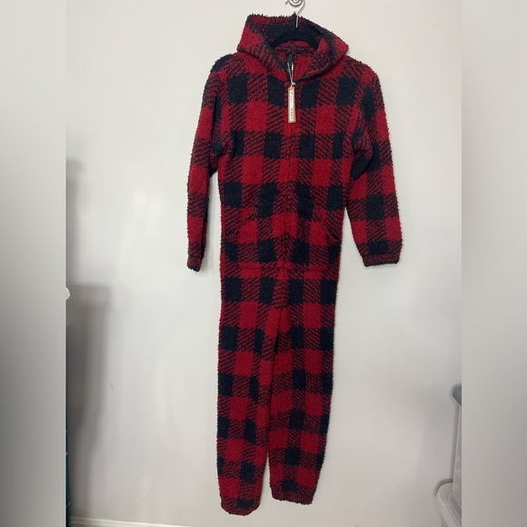 NEW Skims Cozy Unisex Onesie Fleece Hooded Black area Buffalo Check Plaid *T - Picture 5 of 13